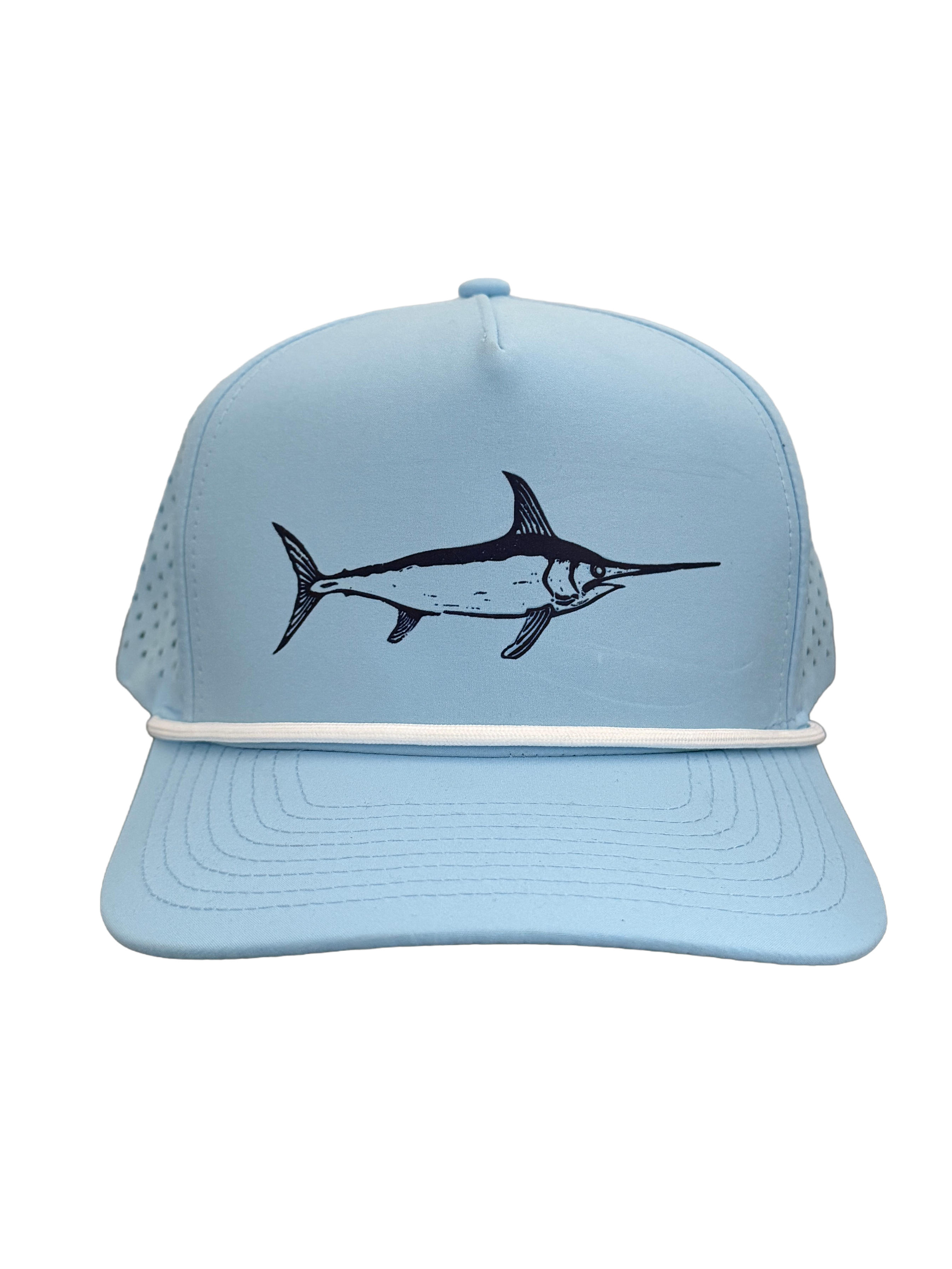 A light blue trucker-style cap with a swordfish graphic on the front panel, shown against a plain background.